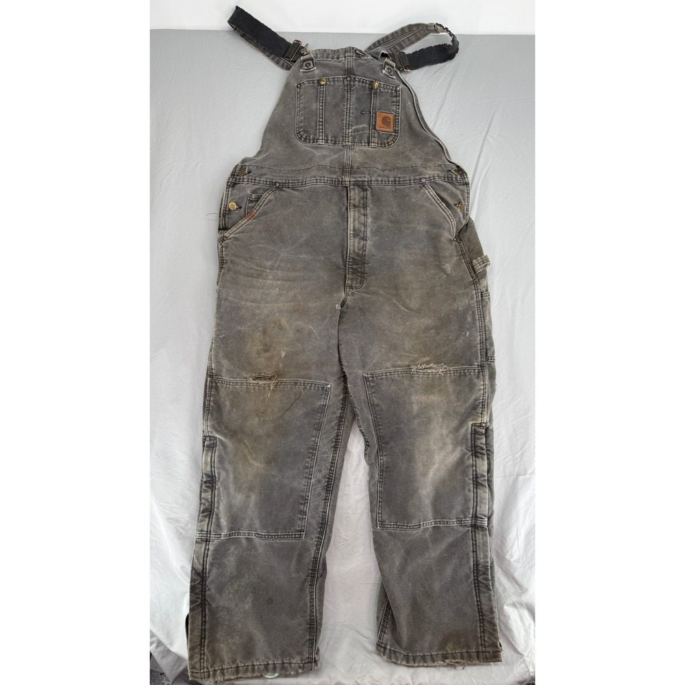 Carhartt R27-BLK Quilt Lined Duck Bib Overalls Faded Black 40x32 Distressed